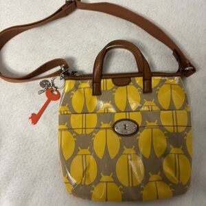 NEW Fossil Key-Per Beetle Print Crossbody Bag | Yellow Novelty Purse w/ Key Char